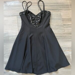 Vintage Black Spaghetti-Strap Mini Dress Sequin Accents A Line Fit and Flare LBD